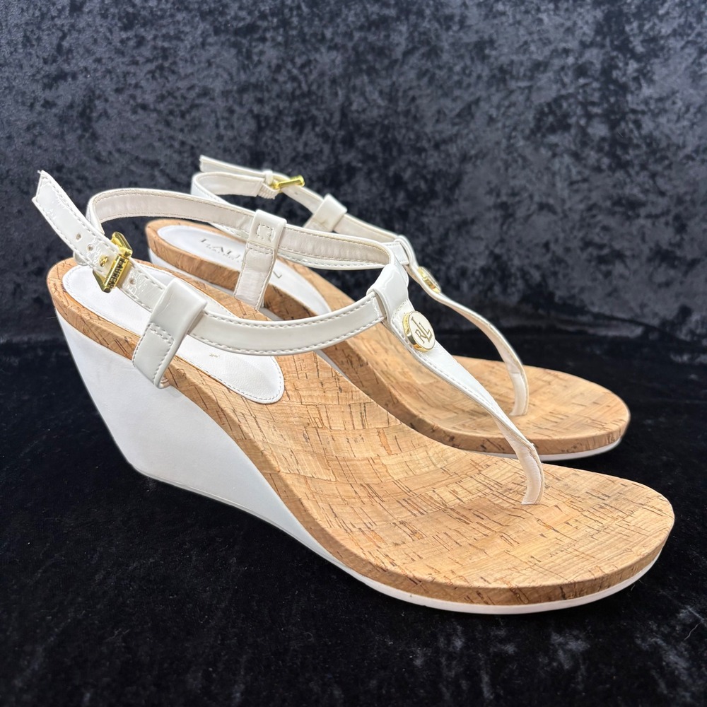 Lauren Ralph Lauren White Cork Wedge T-Strap Sandals Est Women's Size 9-see desc